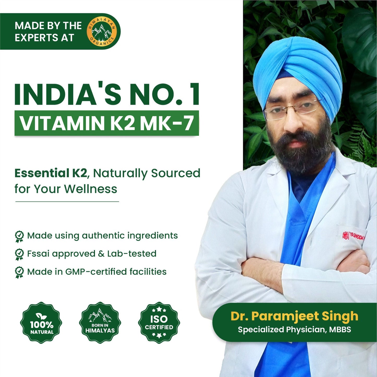 Vlado's Himalayan Organics Plant-Based Vitamin K2 MK- 7 Supplement 55 MCG / Serving - k2 supplements for Men & Women - 120 Veg Capsules