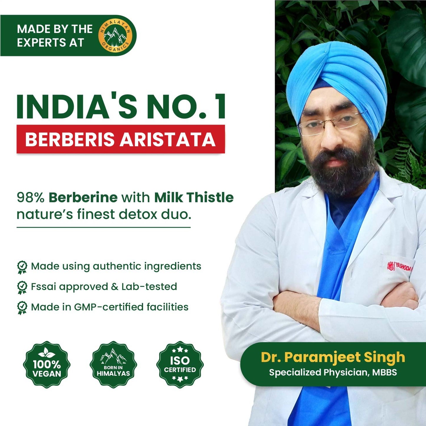 Vlado's Himalayan Organics Berberis Aristata Berberine 98% with Milk Thistle -60 Veg Capsules