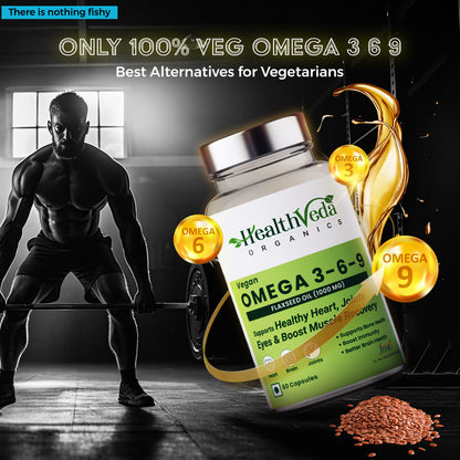 Health Veda Organics Vegan Omega 3-6-9 Flaxseed Oil (1000mg) for Healthy Bones, Hair & Skin| 60 Veg Soft Gel Capsules for Both Women & Men