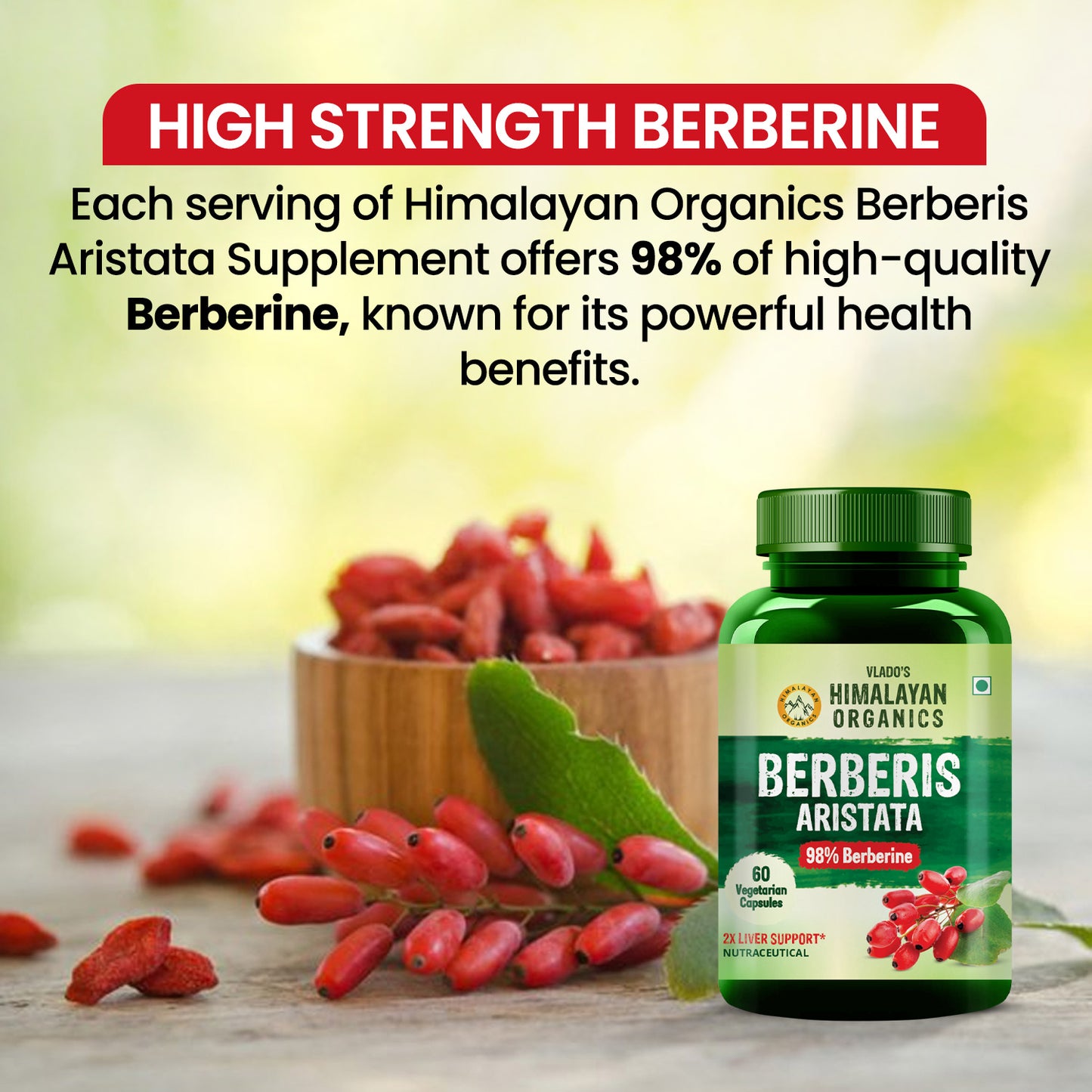 Vlado's Himalayan Organics Berberis Aristata Berberine 95% with Milk Thistle for 2X Liver Support - 60 Veg Capsules