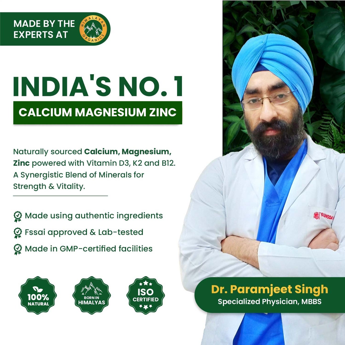 Vlado's Himalayan Organics Plant-Based Calcium, Magnesium & Zinc with Vitamin D3 & K2 – 60 Veg Tablets