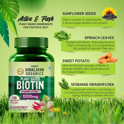 Vlado's Himalayan Organics Plant Based Biotin 10,000mcg/Serve- 120 Veg Capsules