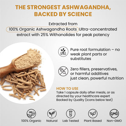 Vlado’s Himalayan Organics Ashwagandha 25% Withanolides – High-Potency 600 mg Extract – Lab-Tested | 30 Capsules
