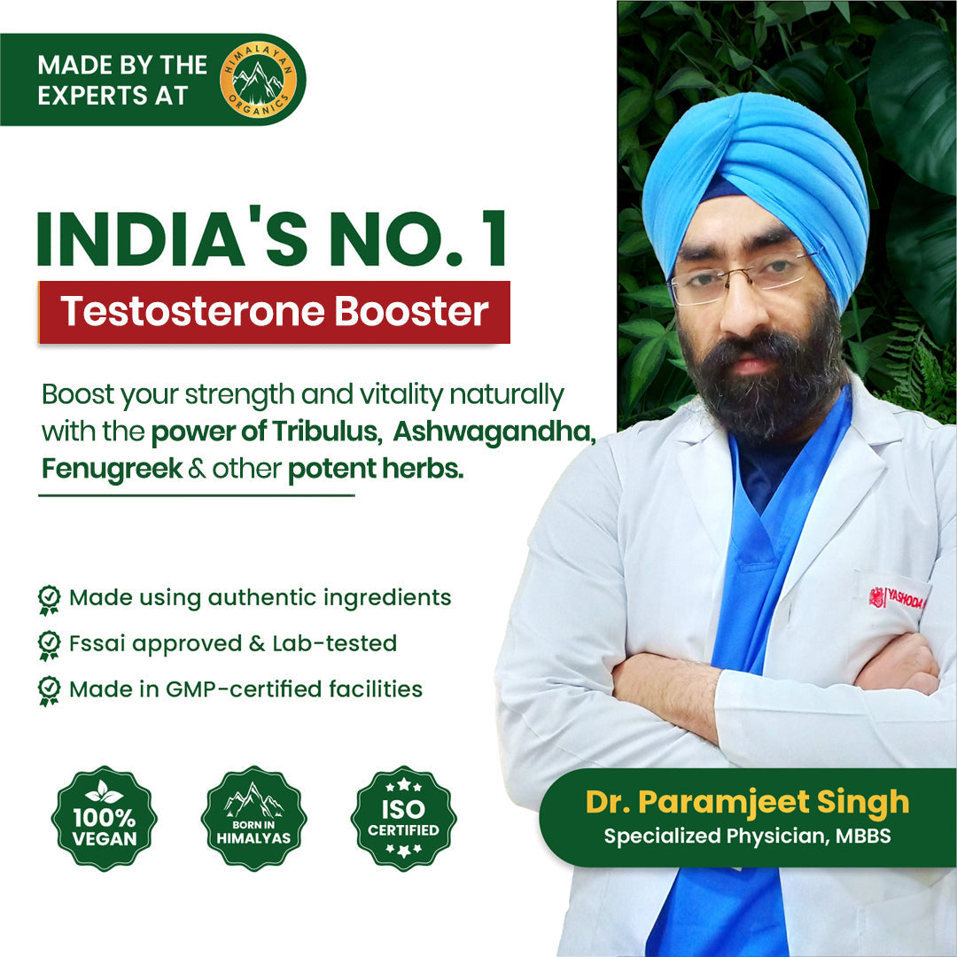 Vlado's Himalayan Organics Testosterone Support Supplement with Vitamin D3, Magnesium, Zinc, Tribulus, Ashwagandha & Safed Musli | Plant-Based Formula | 60 Veg Tablets