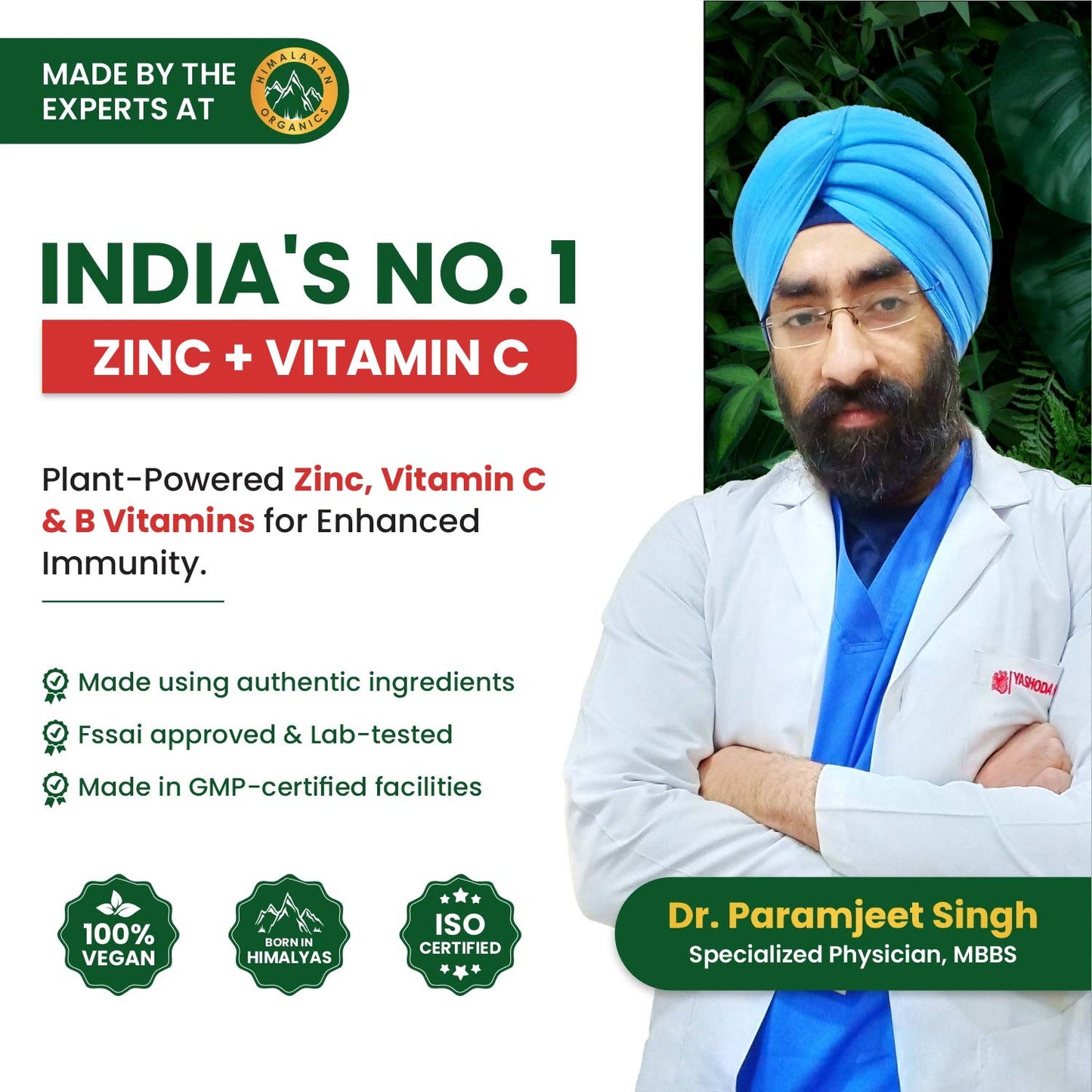 Vlado's Himalayan Organics Plant Based Zinc with Vitamin C | 120 Veg Capsules