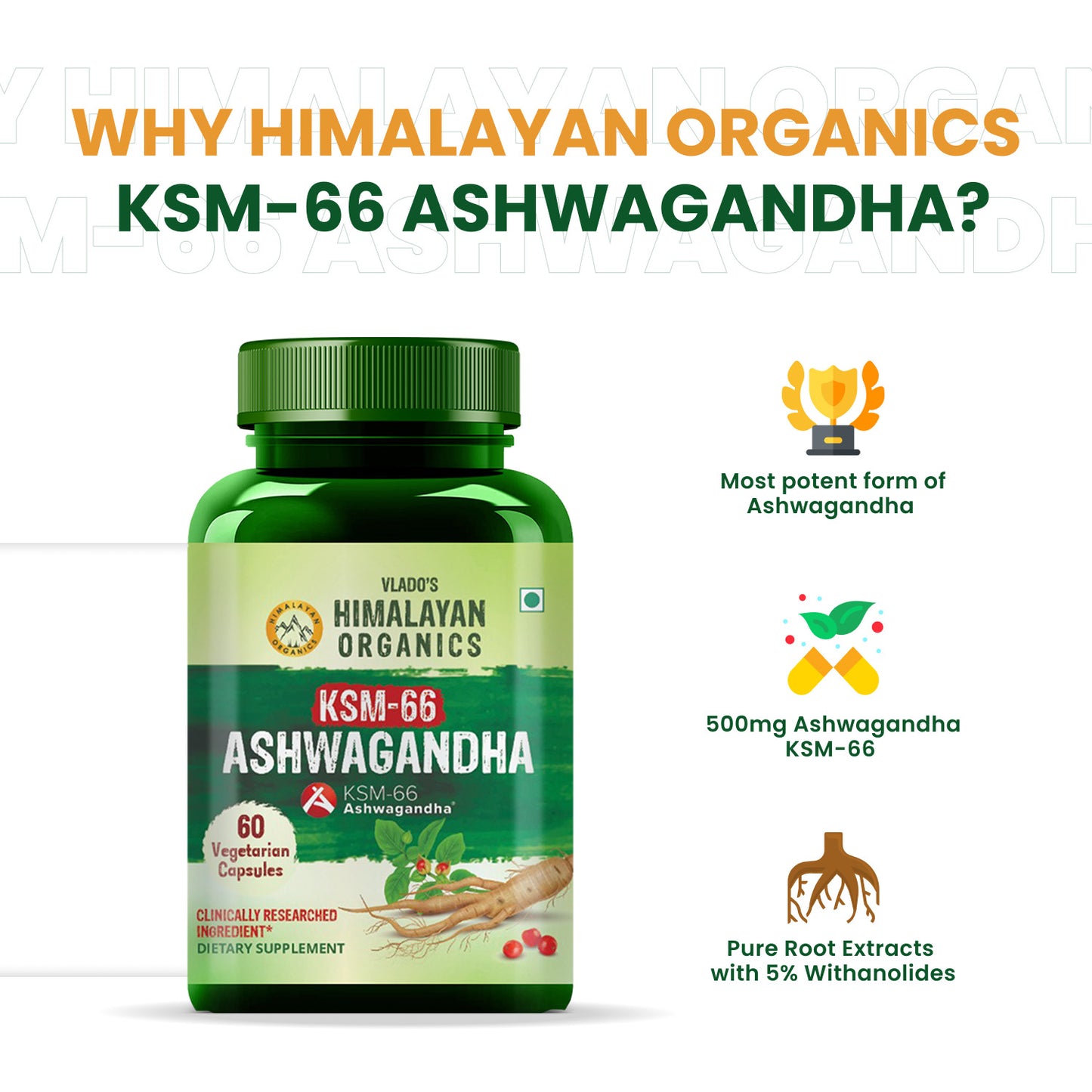 Himalayan Organics KSM - 66 Ashwagandha 1000Mg I KSM-66 I Boost Energy, Strength, Stamina | Helps Anxiety & Stress Relief For Men & Women (60 Capsules)