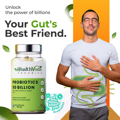 Health Veda Organics Probiotics 50 Billion CFU Multi-Strains | 60 Veg Capsules | 10X Better Digestion, Immunity Support | Improves Gut Health | For Both Men & Women
