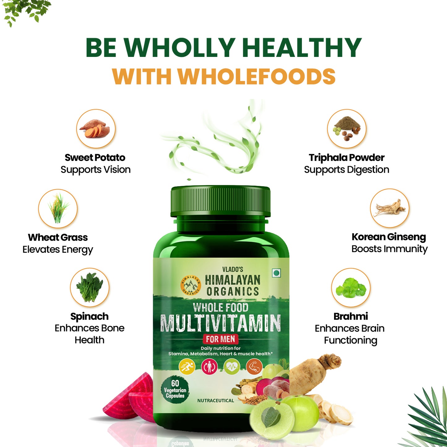 Vlado's Himalayan Organics Whole Food Multivitamin for Men | 60 Veg Capsules