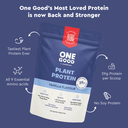 Nourish You 29g Per Serving Vanilla Plant based Protein Powder-500g | Pea, Brown Rice & Mung Bean Blend | Sweetened with Monk Fruit | No Soy, No Artificial Flavours | Superior Muscle Recovery | Gut Friendly