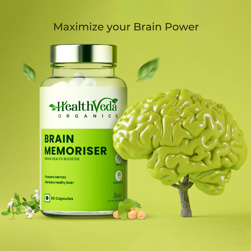 Health Veda Organics Plant Based Brain Memoriser with Ginkgo Biloba & Brahmi I 60 Veg Capsules I Boosts Concentration & Learning Activities