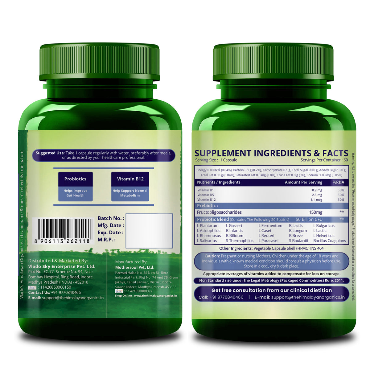 Vlado's Himalayan Organics Probiotics Supplement 50 Billion CFU with Prebiotics 150mg | 20 Strains | Plant-Based Formula | 60 Veg Capsules