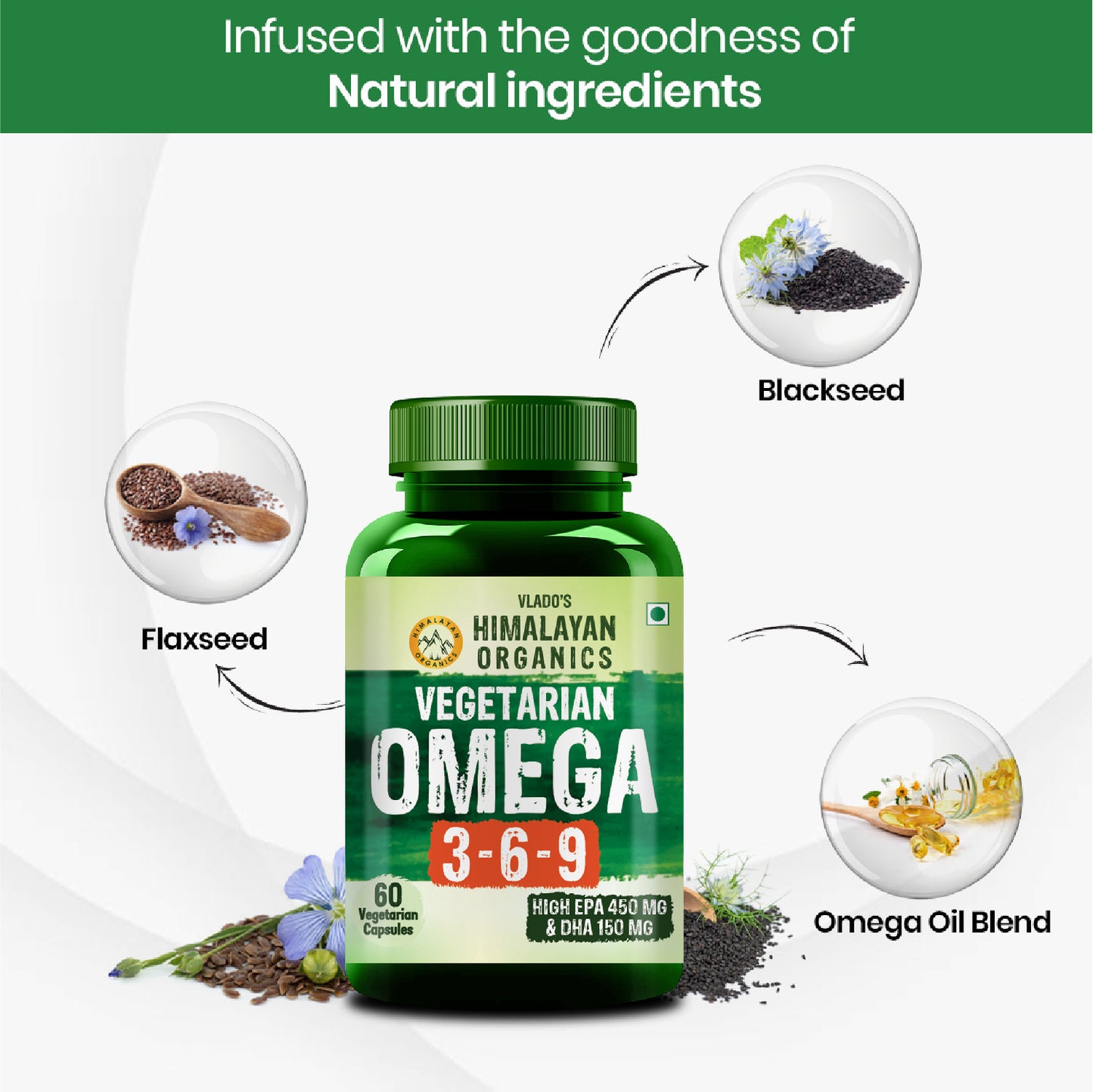Vlado's Himalayan Organics Omega 3-6-9 Plant-Based Supplement with Flaxseed Oil – 60 Veg Capsules