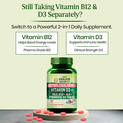 Vlado's Himalayan Organics Vitamin B12 1500 mcg with Vitamin D3 | Methylcobalamin, Alpha Lipoic Acid & Folic Acid | Dietary Supplement for Men & Women | 60 Tablets
