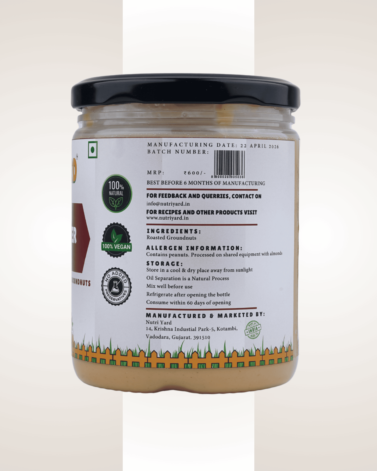 Nutri Yard Natural Peanut Butter Creamy 1kg Unsweetened (Pack of 2 - 500g each)