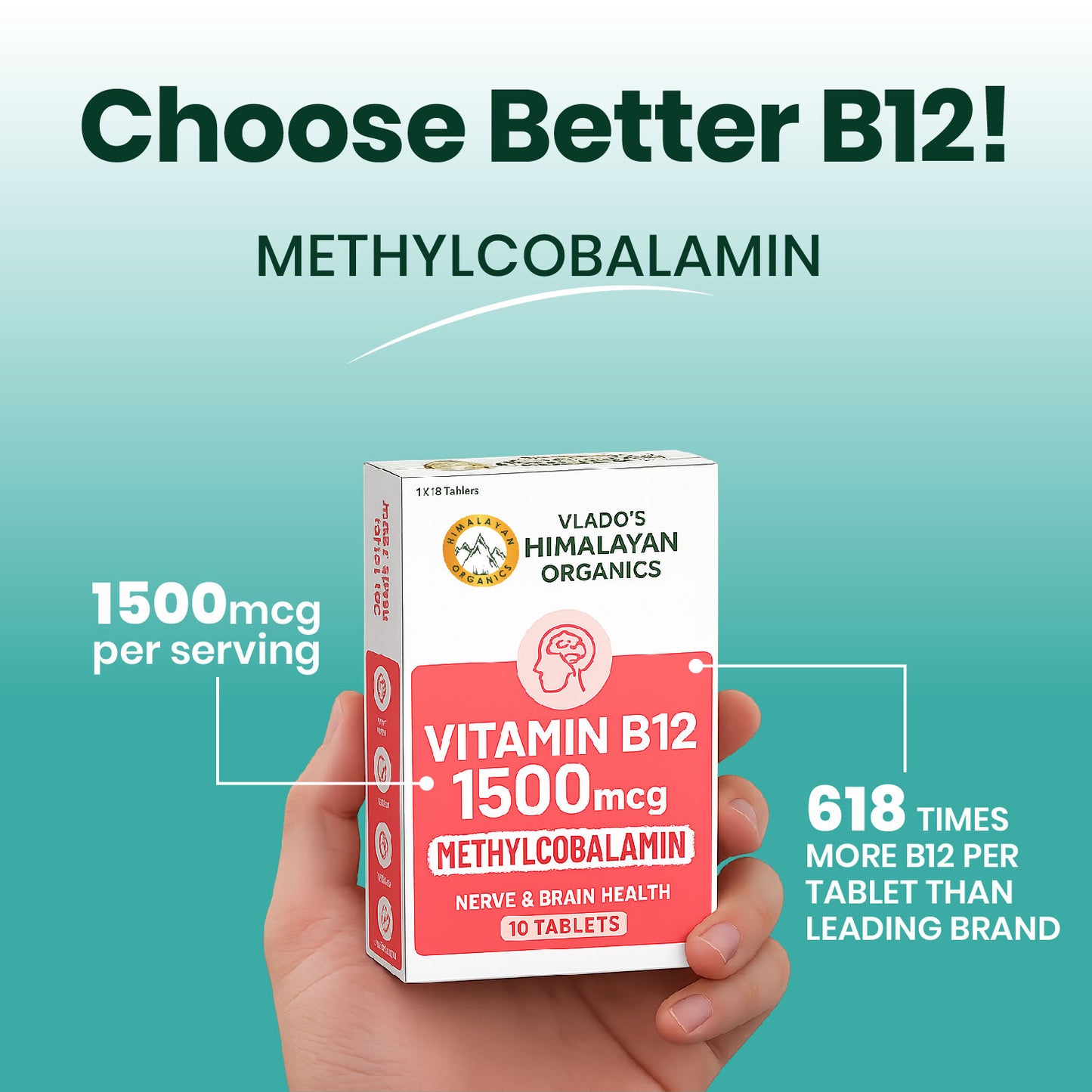 Vlado's Himalayan Organics Methylcobalamin Vitamin B12 1500 mcg | Dietary Supplement for Men & Women | 10 Tablets (1 Strip)