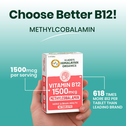Vlado's Himalayan Organics Methylcobalamin Vitamin B12 1500 mcg | Dietary Supplement for Men & Women | 10 Tablets (1 Strip)