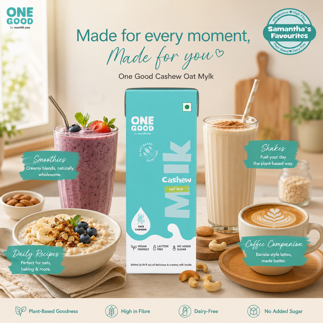 One Good by Nourish You's Sugar free Cashew Oat Plant Based Mlk - 1200ml | Lactose-Free | Gut-Friendly 200ml x Pack of 6