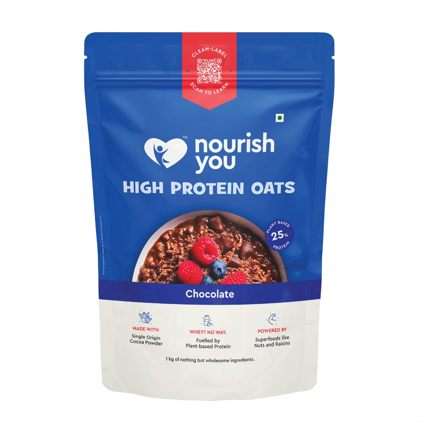 Nourish You High Protein Chocolate Oats 1kg | 25g Plant Protein | Made with Rolled Oats, Cocoa, Almonds, Raisins & Soy Protein | High Protein Breakfast Oatmeal | 11g Fibre | No Artificial Colours, Flavours or Preservatives