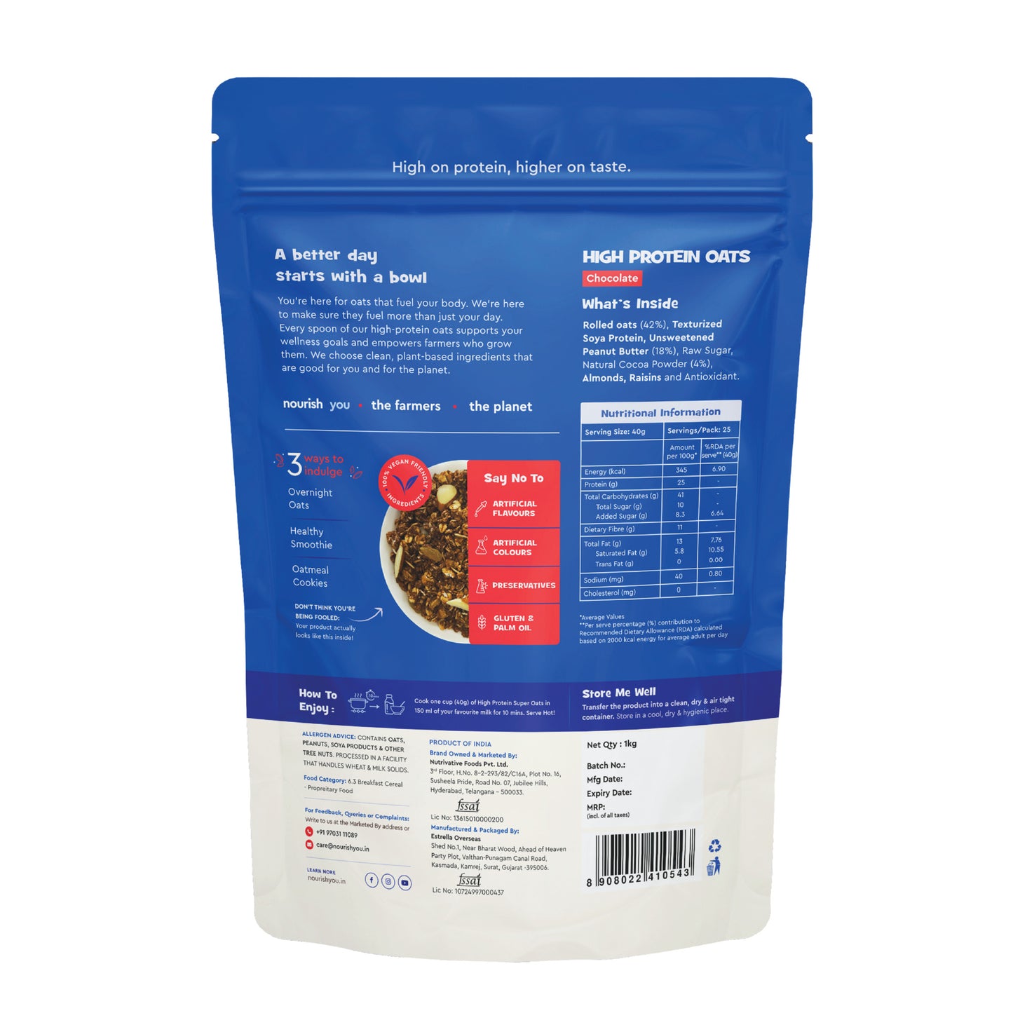 Nourish You High Protein Chocolate Oats 1kg | 25g Plant Protein | Made with Rolled Oats, Cocoa, Almonds, Raisins & Soy Protein | High Protein Breakfast Oatmeal | 11g Fibre | No Artificial Colours, Flavours or Preservatives