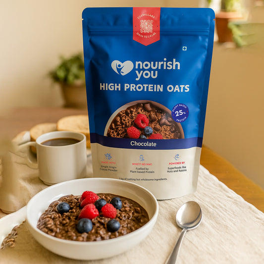 Nourish You High Protein Chocolate Oats 1kg | 25g Plant Protein | Made with Rolled Oats, Cocoa, Almonds, Raisins & Soy Protein | High Protein Breakfast Oatmeal | 11g Fibre | No Artificial Colours, Flavours or Preservatives
