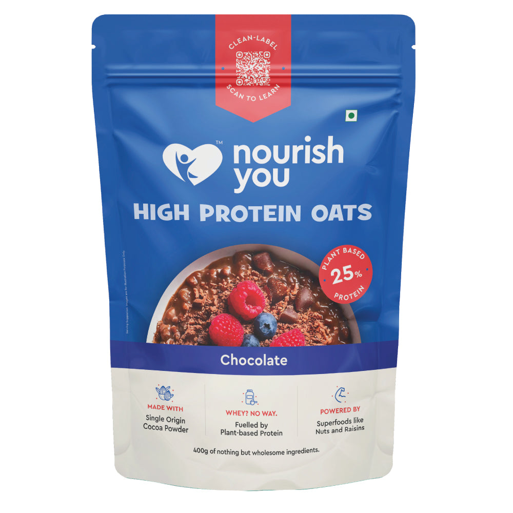 Nourish You High Protein Chocolate Oats 400g | 25g Plant Protein | Rolled Oats with Cocoa Powder, Almonds, Raisins & Soy Protein | High Protein Breakfast Cereal | 11g Fibre | Weight Management | No Preservatives or Artificial Flavours