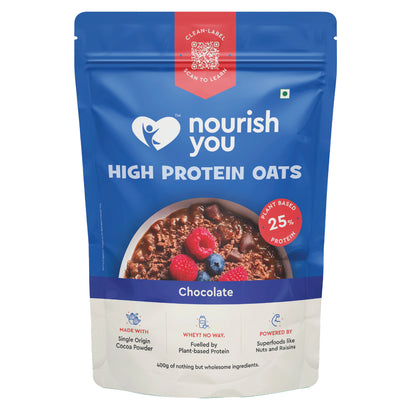 Nourish You High Protein Chocolate Oats 400g | 25g Plant Protein | Rolled Oats with Cocoa Powder, Almonds, Raisins & Soy Protein | High Protein Breakfast Cereal | 11g Fibre | Weight Management | No Preservatives or Artificial Flavours