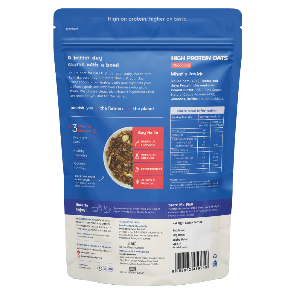 Nourish You High Protein Chocolate Oats 400g | 25g Plant Protein | Rolled Oats with Cocoa Powder, Almonds, Raisins & Soy Protein | High Protein Breakfast Cereal | 11g Fibre | Weight Management | No Preservatives or Artificial Flavours