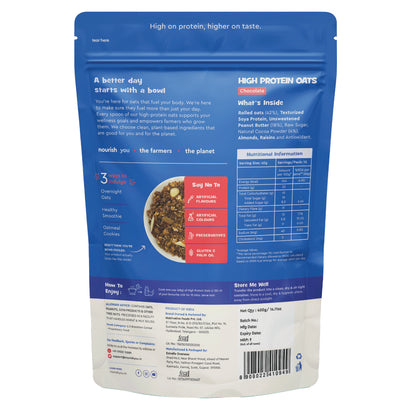 Nourish You High Protein Chocolate Oats 400g | 25g Plant Protein | Rolled Oats with Cocoa Powder, Almonds, Raisins & Soy Protein | High Protein Breakfast Cereal | 11g Fibre | Weight Management | No Preservatives or Artificial Flavours