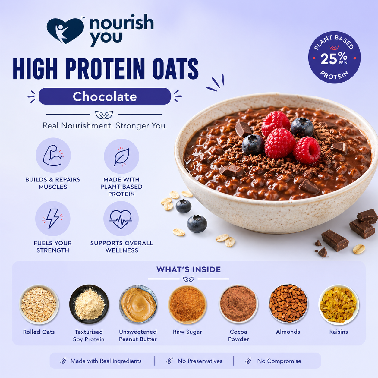 Nourish You High Protein Chocolate Oats 400g | 25g Plant Protein | Rolled Oats with Cocoa Powder, Almonds, Raisins & Soy Protein | High Protein Breakfast Cereal | 11g Fibre | Weight Management | No Preservatives or Artificial Flavours