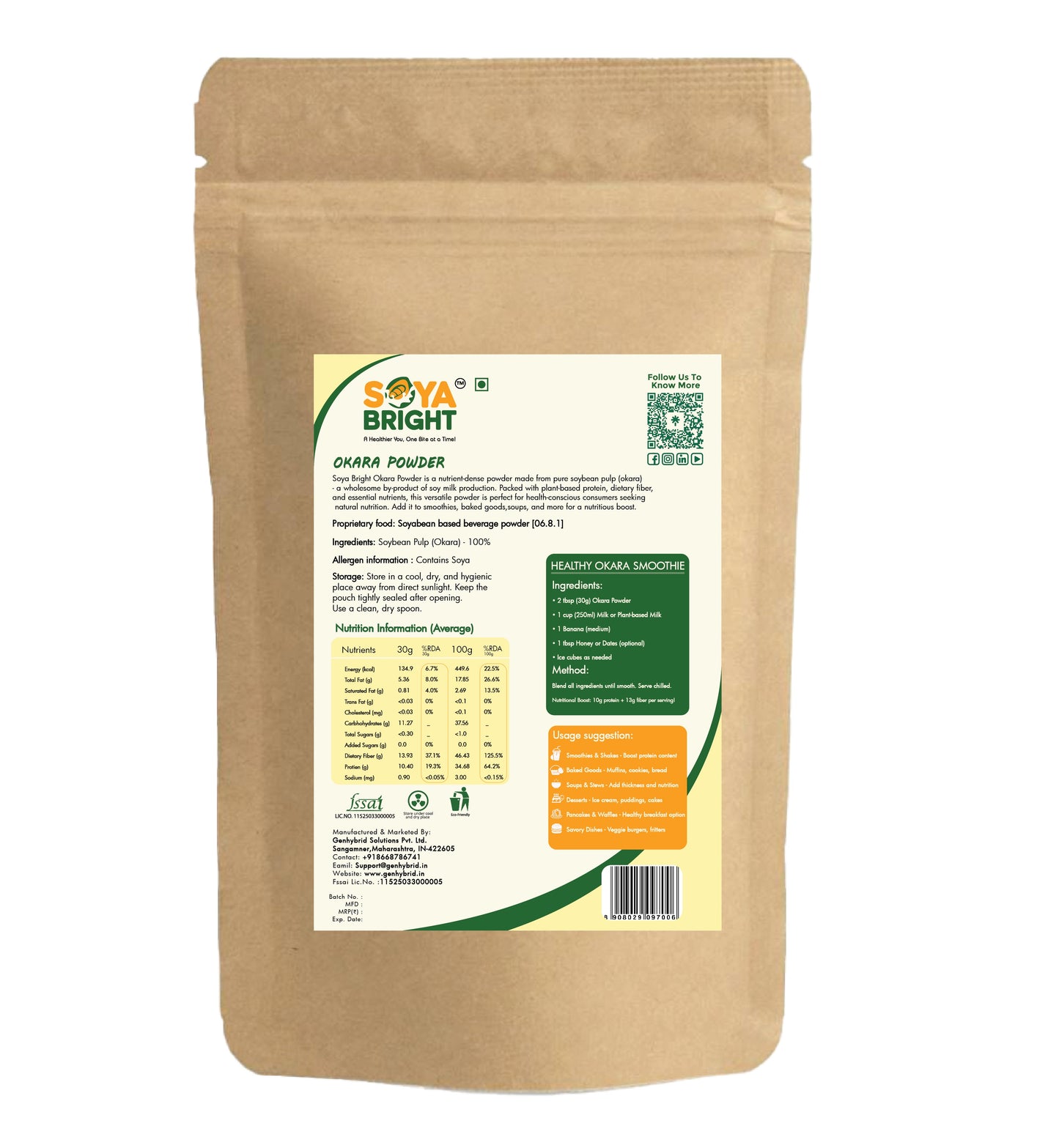Soya Bright Okara Powder 195g | Soybean Pulp Powder | Gluten Free