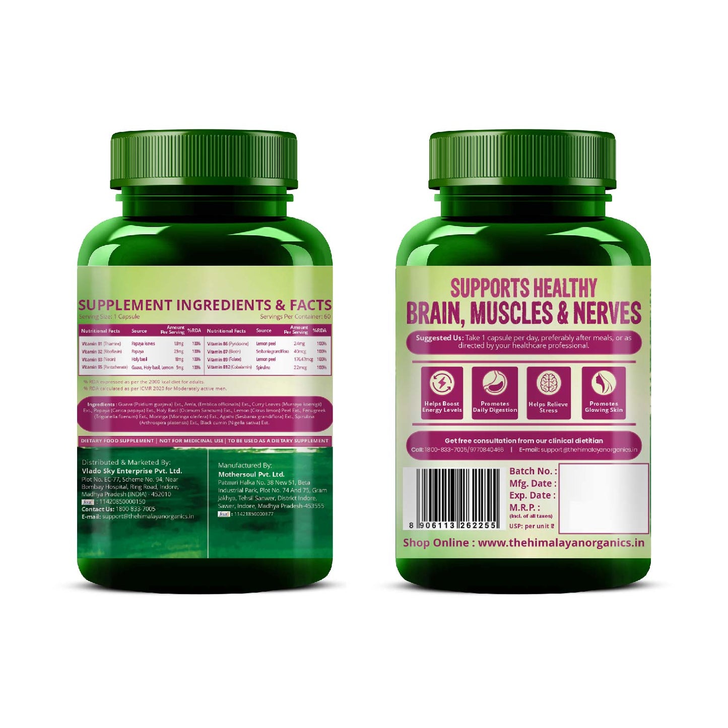 Vlado's Himalayan Organics Plant Based B Complex Vitamins B12, B1, B3, B2, B9 - 60 Veg Capsules