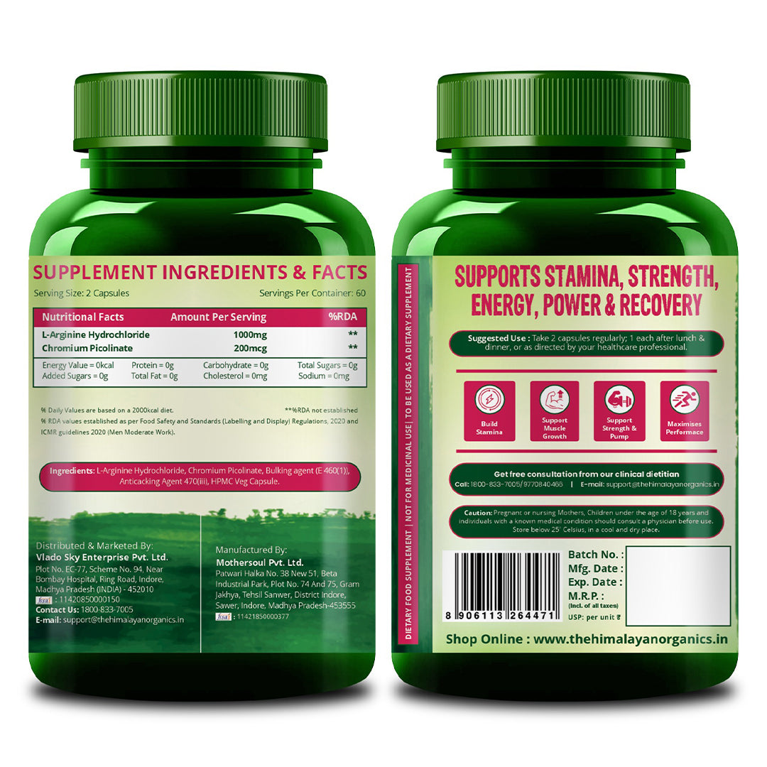 Vlado's Himalayan Organics L-Arginine 1000 mg with Chromium Picolinate | 120 Veg Capsules | Plant-Based Supplement for Daily Wellness