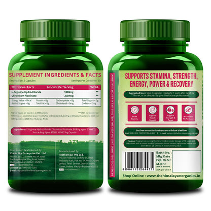 Vlado's Himalayan Organics L-Arginine 1000 mg with Chromium Picolinate | 120 Veg Capsules | Plant-Based Supplement for Daily Wellness