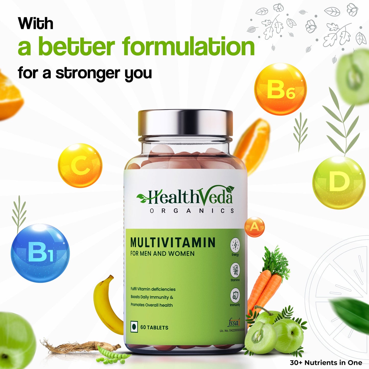 Health Veda Organics Multivitamin for Men and Women | 60 Veg Tablets | Enhances Energy, Stamina & Immunity | Supports Bone Health