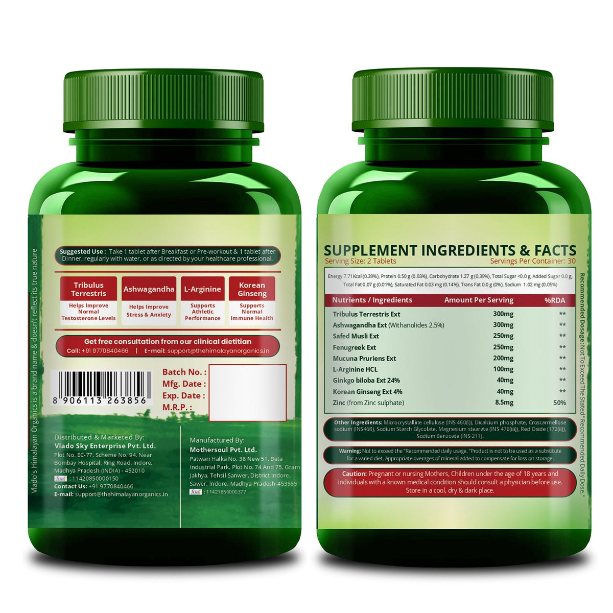 Vlado's Himalayan Organics Testosterone Support Supplement with Vitamin D3, Magnesium, Zinc, Tribulus, Ashwagandha & Safed Musli | Plant-Based Formula | 60 Veg Tablets