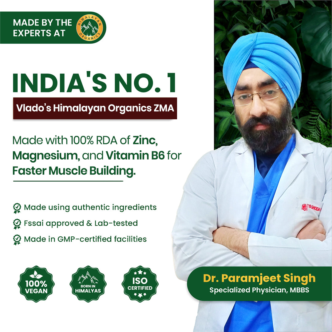 Vlado's Himalayan Organics ZMA Supplement with Zinc, Magnesium Aspartate & Vitamin B6 | Plant-Based Formula | 120 Veg Tablets