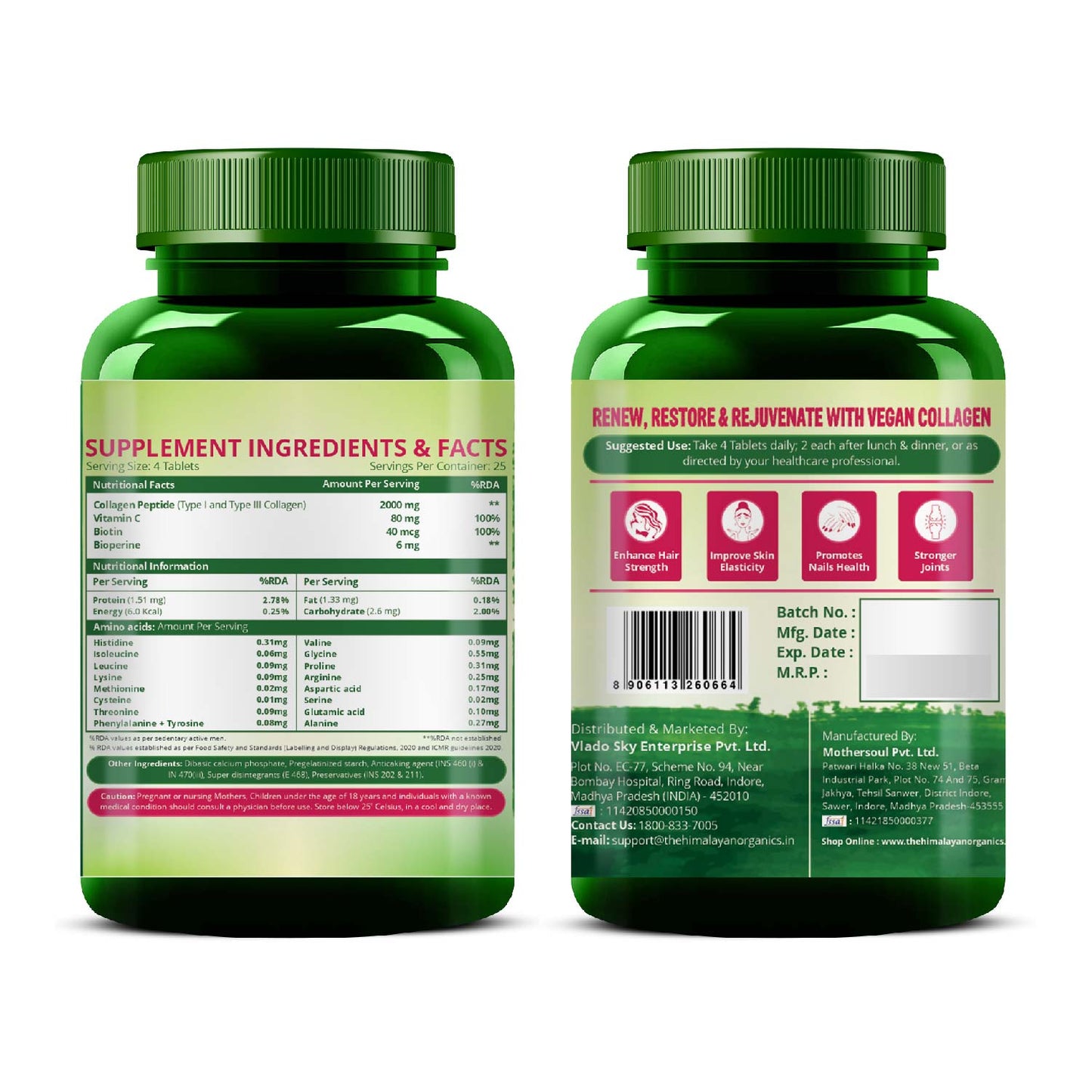 Vlado's Himalayan Organics Vegan Collagen 2000Mg With Biotin And Vitamin C  100 Veg Tablets
