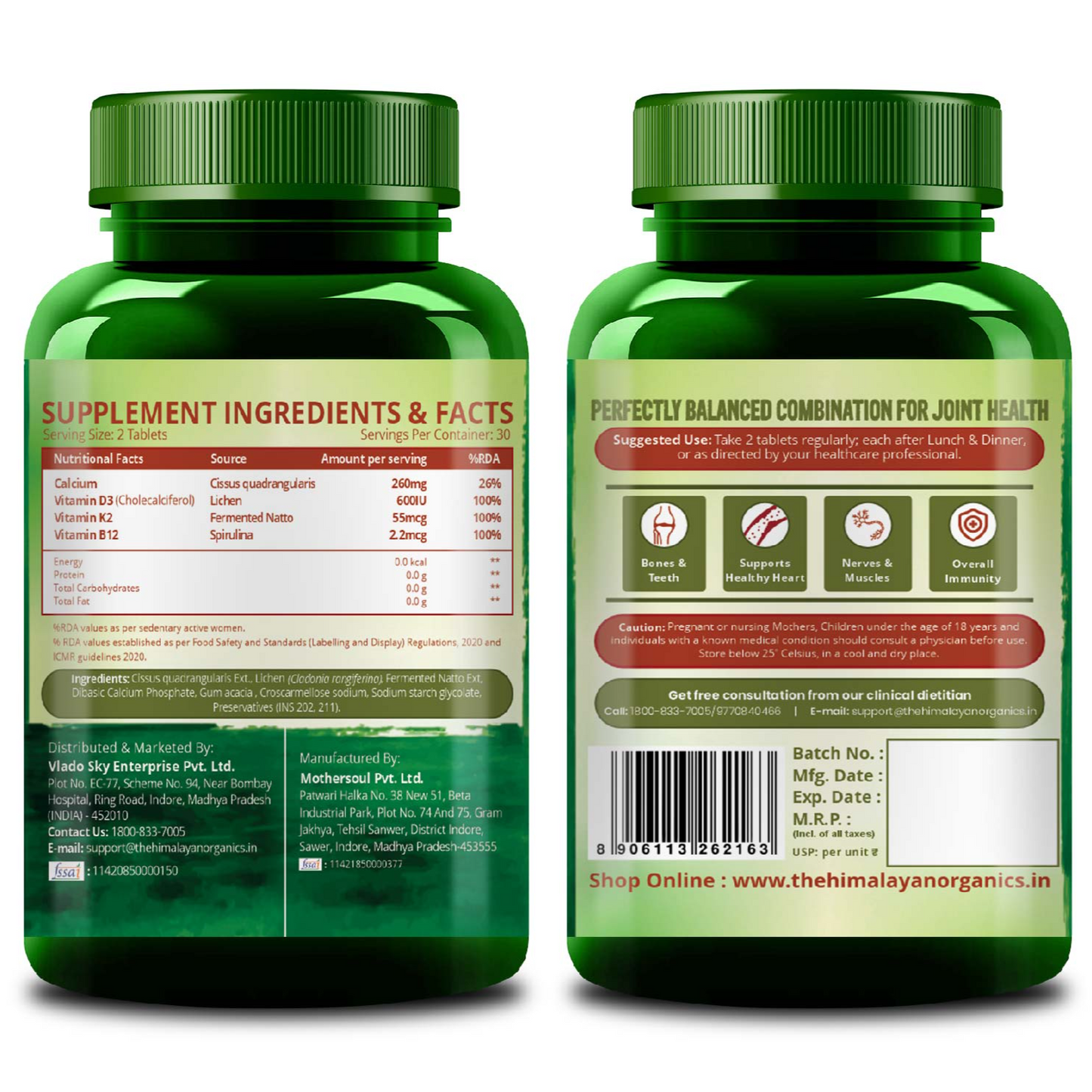 Vlado's Himalayan Organics Plant-Based Calcium 650mg Supplement with Moringa, Alfalfa & Watercress – 60 Veg Tablets