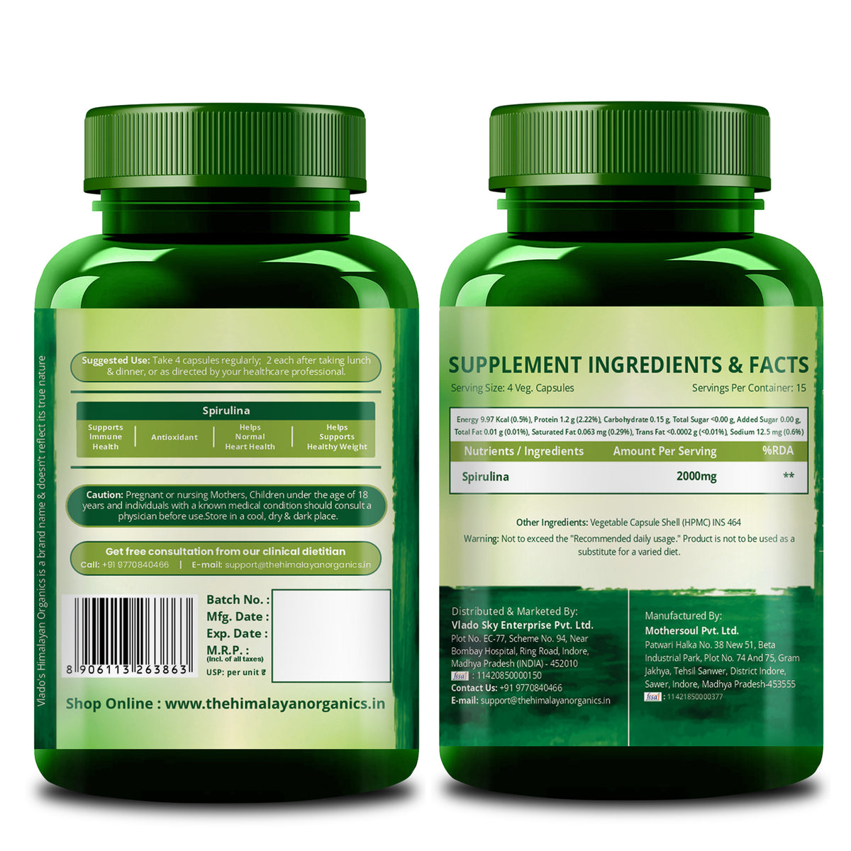 Vlado's Himalayan Organics Spirulina 2000mg Supplement | Plant-Based Superfood | 60 Vegetarian Capsules