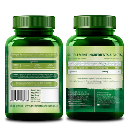 Vlado's Himalayan Organics Spirulina 2000mg Supplement | Plant-Based Superfood | 60 Vegetarian Capsules