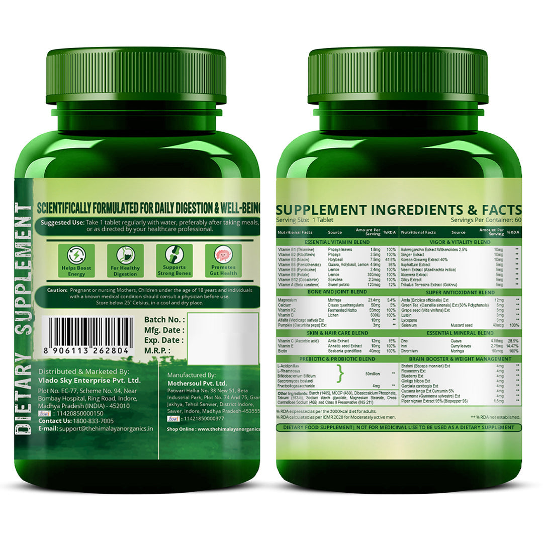 Vlado's Himalayan Organics Multivitamin with Probiotics (60 Tablets) 60 Ingredients for Men & Women with Vitamin C, D, E, B3, B12, Zinc, Giloy & Biotin