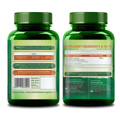Vlado’s Himalayan Organics Garlic 500mg Supplement | Extract (1:13) Allium Sativum - 60 Veg Capsules