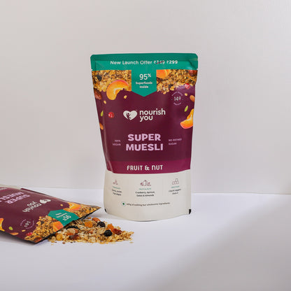 Nourish You Super Muesli Fruit & Nut 400g | Whole Grain Breakfast Cereal with Rolled Oats, Quinoa, Bajra, Jowar, Ragi & Brown Rice | Sweetened with Natural Kakvi | High Fiber & Protein | Gluten-Free Healthy Breakfast