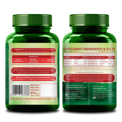 Vlado's Himalayan Organics Natural Vitamin B12 with B1, B2, B3, B5, B6, B7, B9 & Moringa | Plant-Based Formula | 120 Vegetarian Capsules
