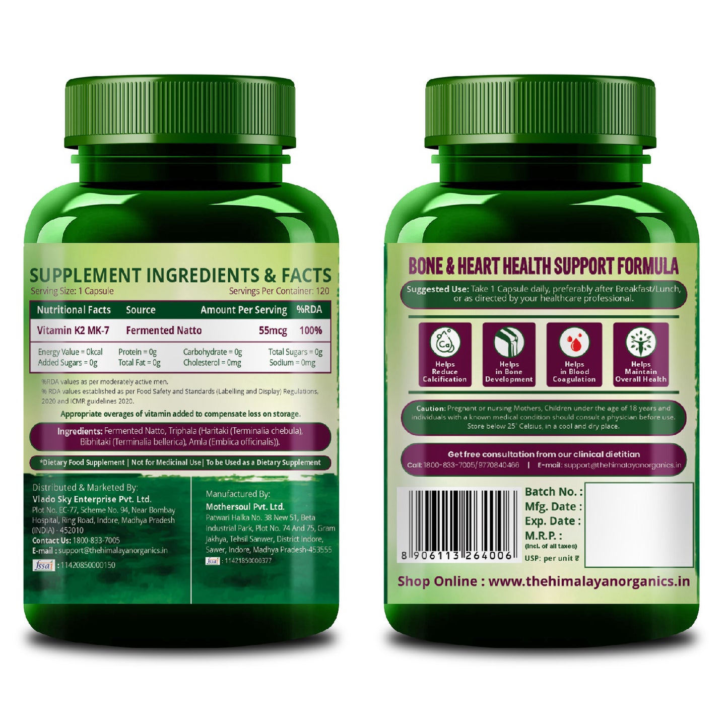 Vlado's Himalayan Organics Plant-Based Vitamin K2 MK- 7 Supplement 55 MCG / Serving - k2 supplements for Men & Women - 120 Veg Capsules