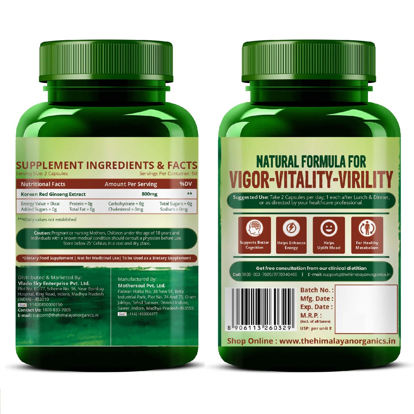 Vlado's Himalayan Organics Korean Red Ginseng 800mg/Serve 60 Veg Capsules