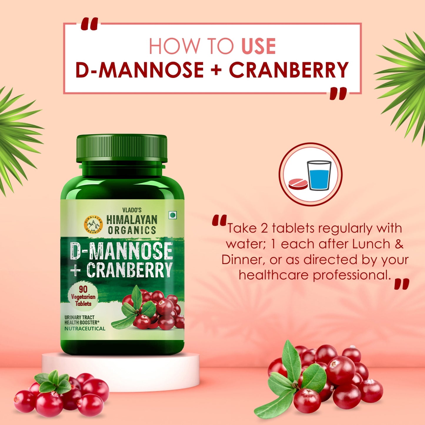 Vlado's Himalayan Organics D-MANNOSE + CRANBERRY Antioxidant Rich Supplement - 90 Tablets