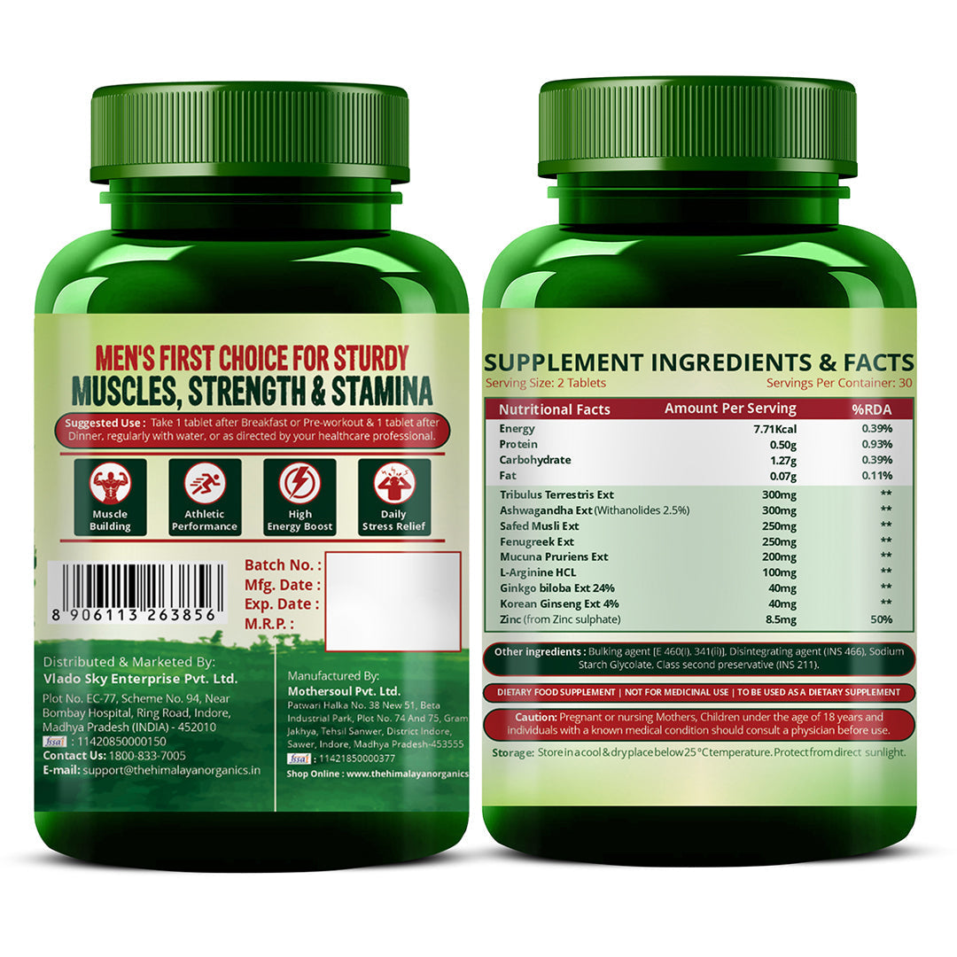 Vlado's Himalayan Organics Testosterone Support Supplement with Vitamin D3, Magnesium, Zinc, Tribulus, Ashwagandha & Safed Musli | Plant-Based Formula | 60 Veg Tablets