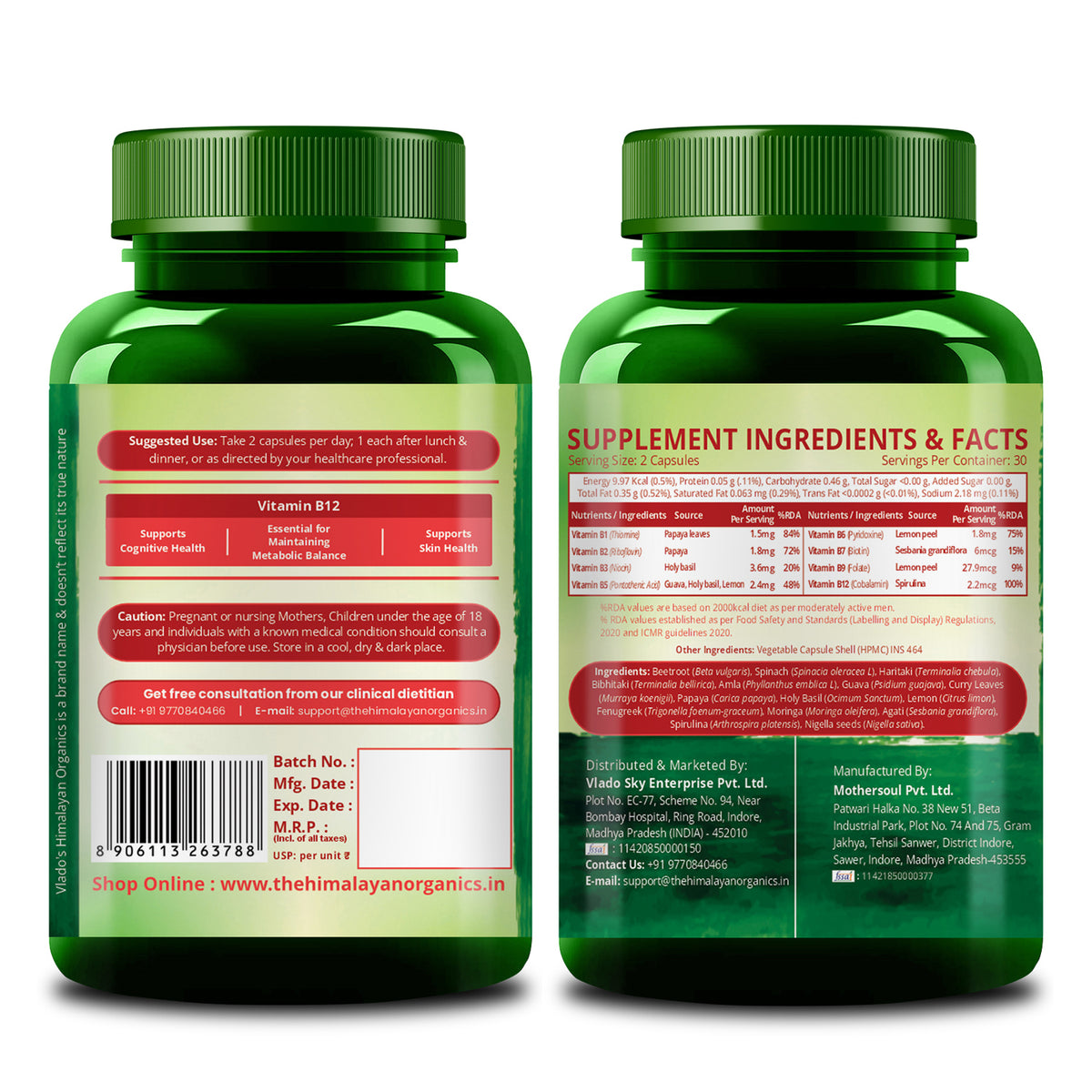 Vlado's Himalayan Organics Natural Vitamin B12 with B-Complex & Moringa | Plant-Based Formula | 60 Vegetarian Capsules