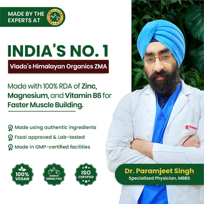 Vlado's Himalayan Organics ZMA Supplement with Zinc, Magnesium Aspartate & Vitamin B6 | Plant-Based Formula | 120 Veg Tablets